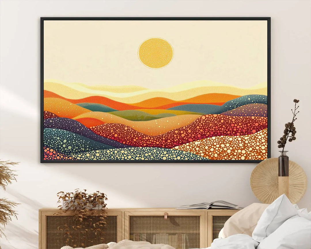 A captivating piece, the YAYOI KUSAMA Colorful Dot Art Landscape Canvas, showcases framed abstract pointillism with vibrant rolling hills and a sun. This handmade wall art is crafted on premium canvas for a gallery-quality finish.