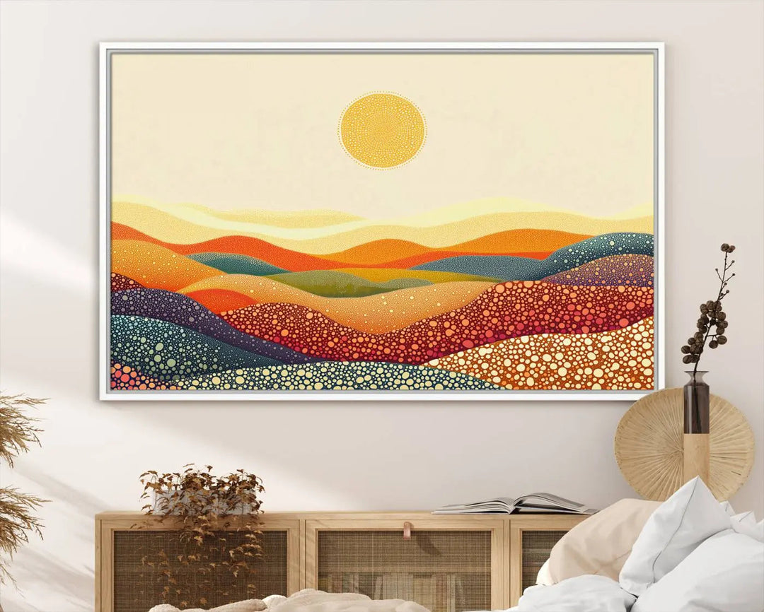 A captivating piece, the YAYOI KUSAMA Colorful Dot Art Landscape Canvas, showcases framed abstract pointillism with vibrant rolling hills and a sun. This handmade wall art is crafted on premium canvas for a gallery-quality finish.