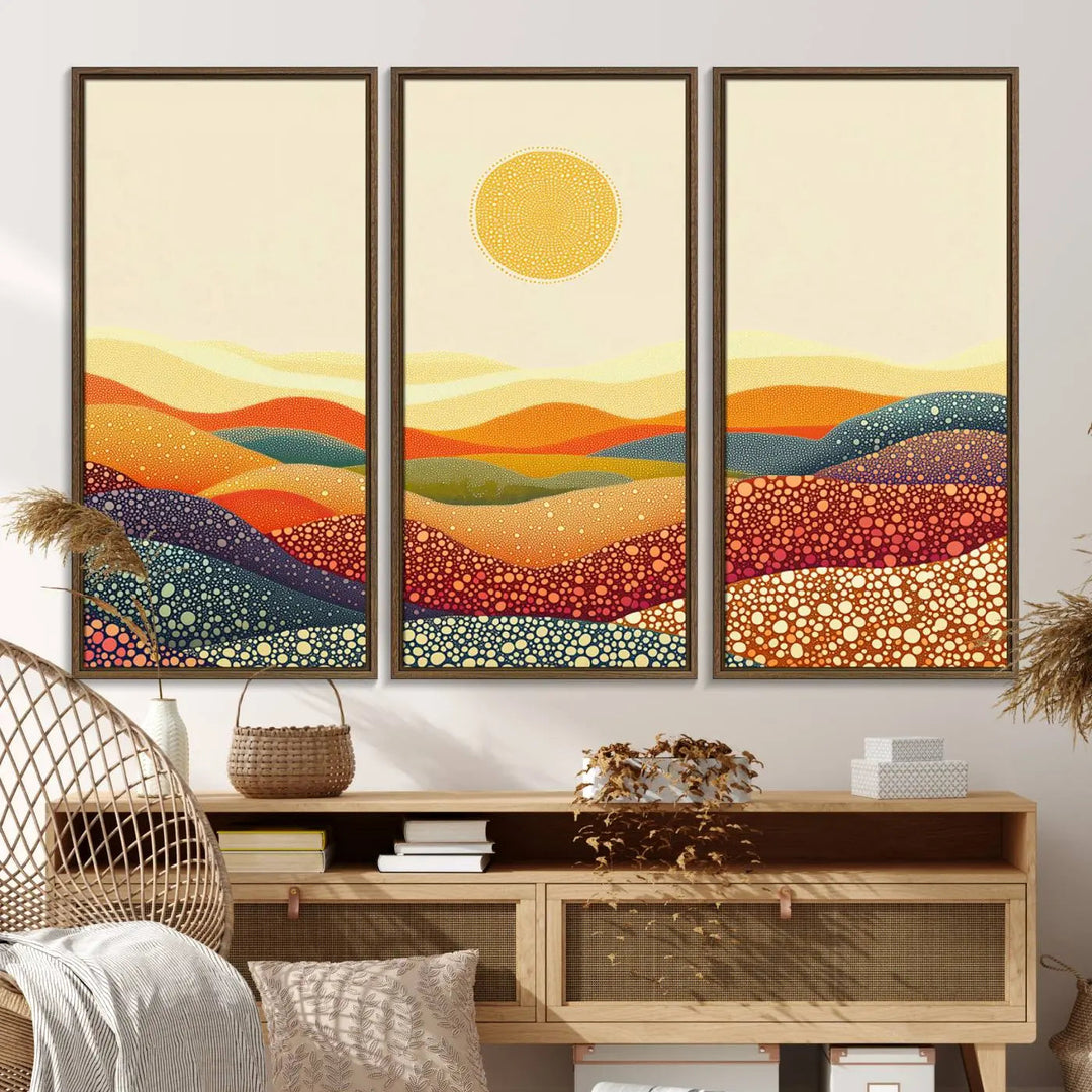 A captivating piece, the YAYOI KUSAMA Colorful Dot Art Landscape Canvas, showcases framed abstract pointillism with vibrant rolling hills and a sun. This handmade wall art is crafted on premium canvas for a gallery-quality finish.