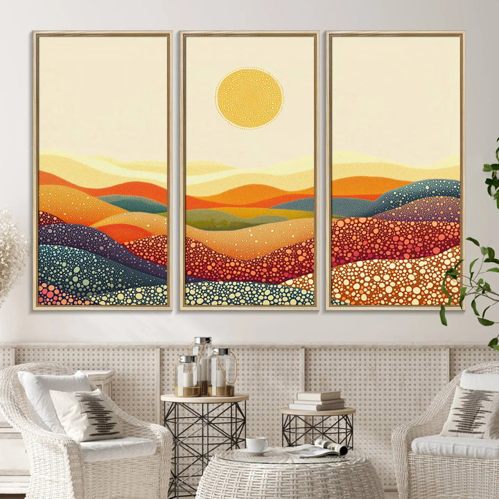 A captivating piece, the YAYOI KUSAMA Colorful Dot Art Landscape Canvas, showcases framed abstract pointillism with vibrant rolling hills and a sun. This handmade wall art is crafted on premium canvas for a gallery-quality finish.