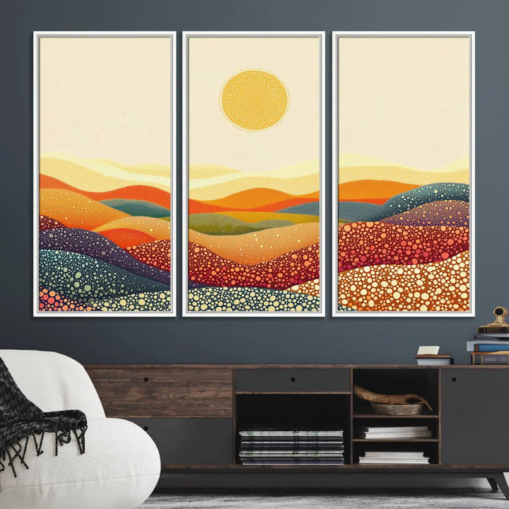 A captivating piece, the YAYOI KUSAMA Colorful Dot Art Landscape Canvas, showcases framed abstract pointillism with vibrant rolling hills and a sun. This handmade wall art is crafted on premium canvas for a gallery-quality finish.