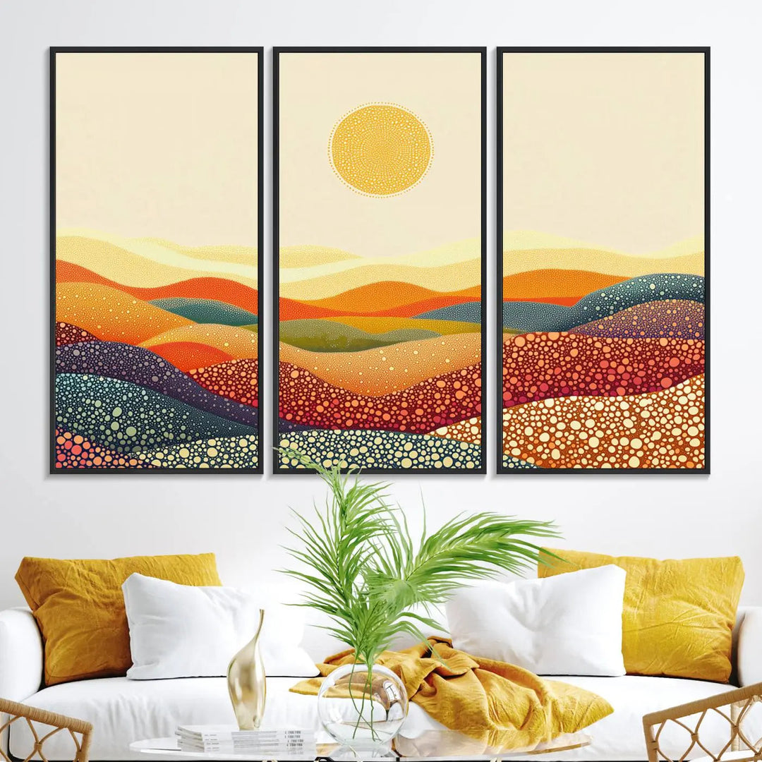 A captivating piece, the YAYOI KUSAMA Colorful Dot Art Landscape Canvas, showcases framed abstract pointillism with vibrant rolling hills and a sun. This handmade wall art is crafted on premium canvas for a gallery-quality finish.