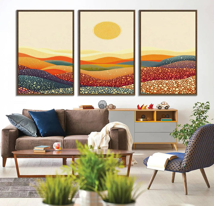 A captivating piece, the YAYOI KUSAMA Colorful Dot Art Landscape Canvas, showcases framed abstract pointillism with vibrant rolling hills and a sun. This handmade wall art is crafted on premium canvas for a gallery-quality finish.