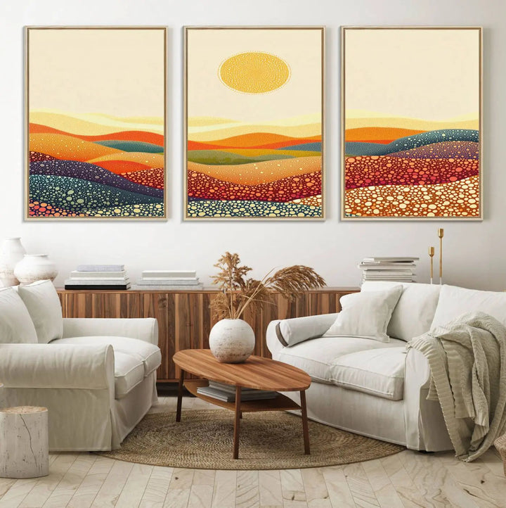 A captivating piece, the YAYOI KUSAMA Colorful Dot Art Landscape Canvas, showcases framed abstract pointillism with vibrant rolling hills and a sun. This handmade wall art is crafted on premium canvas for a gallery-quality finish.