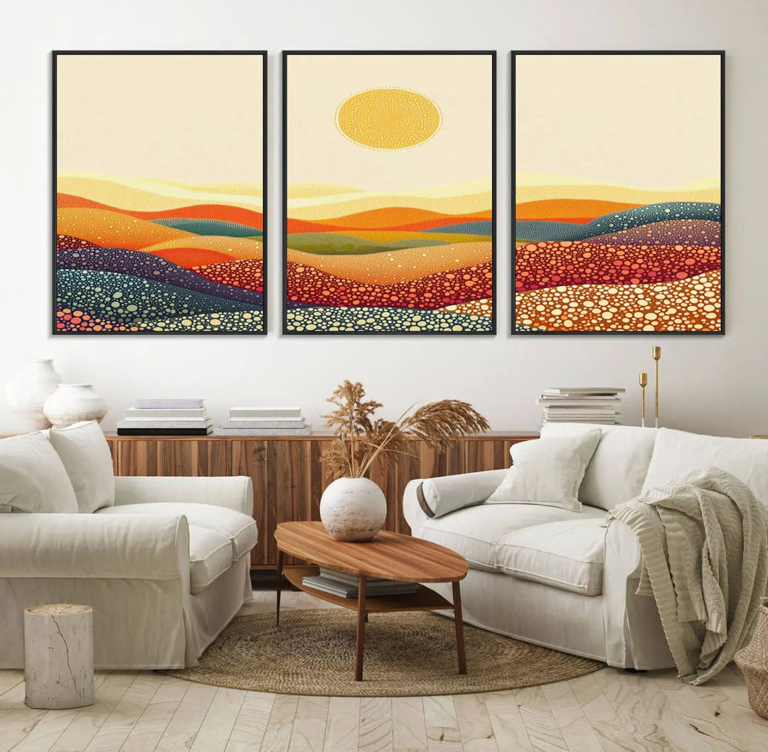 A captivating piece, the YAYOI KUSAMA Colorful Dot Art Landscape Canvas, showcases framed abstract pointillism with vibrant rolling hills and a sun. This handmade wall art is crafted on premium canvas for a gallery-quality finish.