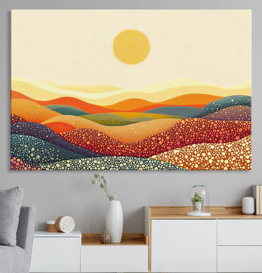 A captivating piece, the YAYOI KUSAMA Colorful Dot Art Landscape Canvas, showcases framed abstract pointillism with vibrant rolling hills and a sun. This handmade wall art is crafted on premium canvas for a gallery-quality finish.