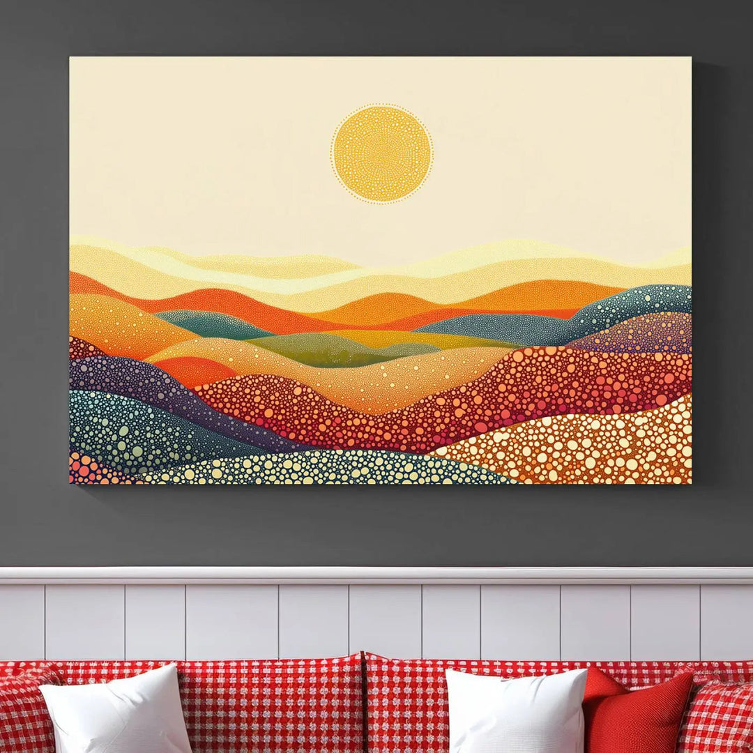 A captivating piece, the YAYOI KUSAMA Colorful Dot Art Landscape Canvas, showcases framed abstract pointillism with vibrant rolling hills and a sun. This handmade wall art is crafted on premium canvas for a gallery-quality finish.