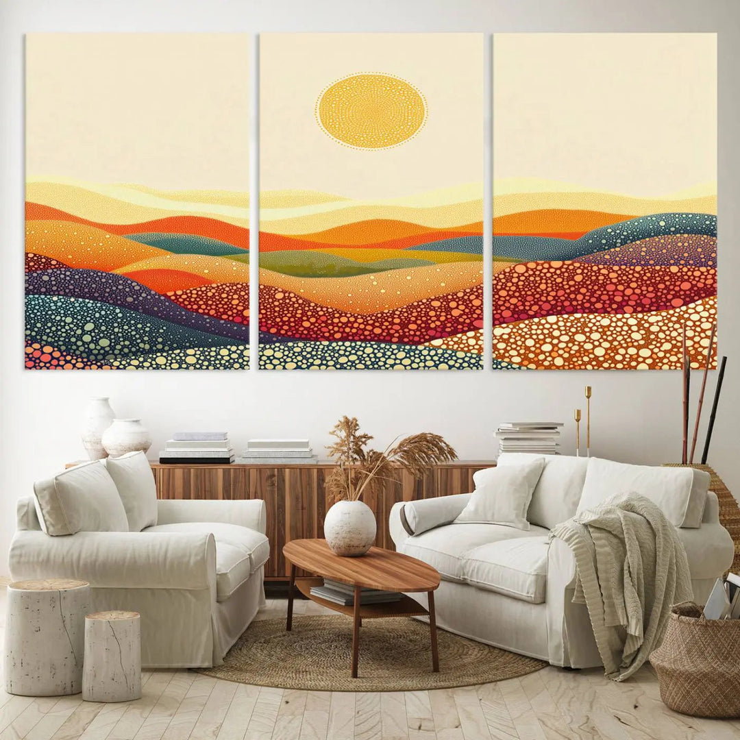 A captivating piece, the YAYOI KUSAMA Colorful Dot Art Landscape Canvas, showcases framed abstract pointillism with vibrant rolling hills and a sun. This handmade wall art is crafted on premium canvas for a gallery-quality finish.