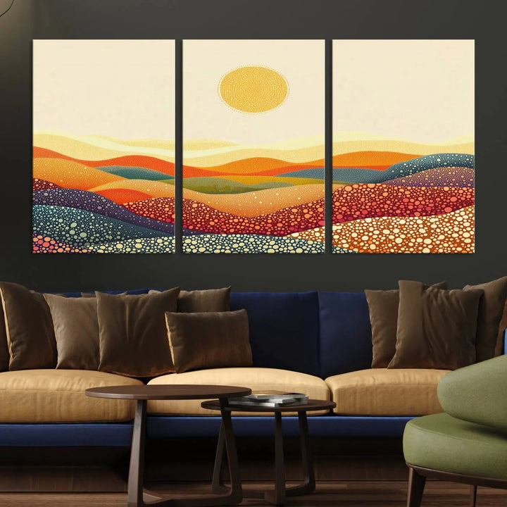 A captivating piece, the YAYOI KUSAMA Colorful Dot Art Landscape Canvas, showcases framed abstract pointillism with vibrant rolling hills and a sun. This handmade wall art is crafted on premium canvas for a gallery-quality finish.