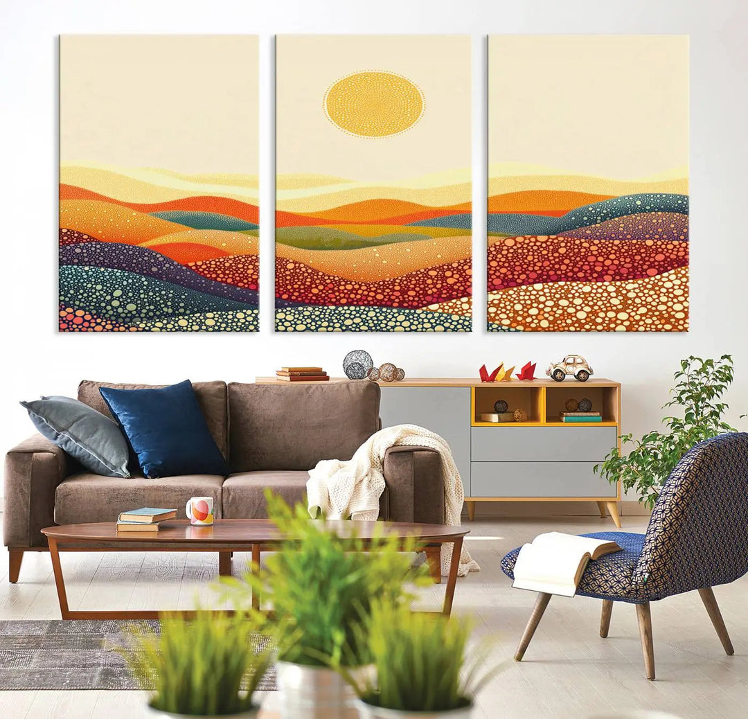 A captivating piece, the YAYOI KUSAMA Colorful Dot Art Landscape Canvas, showcases framed abstract pointillism with vibrant rolling hills and a sun. This handmade wall art is crafted on premium canvas for a gallery-quality finish.