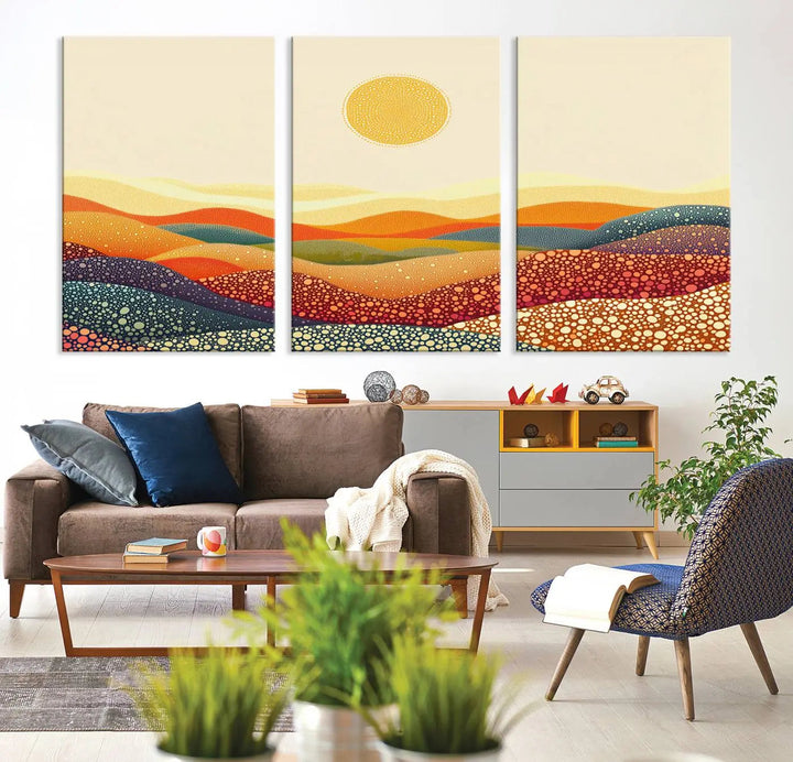 A captivating piece, the YAYOI KUSAMA Colorful Dot Art Landscape Canvas, showcases framed abstract pointillism with vibrant rolling hills and a sun. This handmade wall art is crafted on premium canvas for a gallery-quality finish.