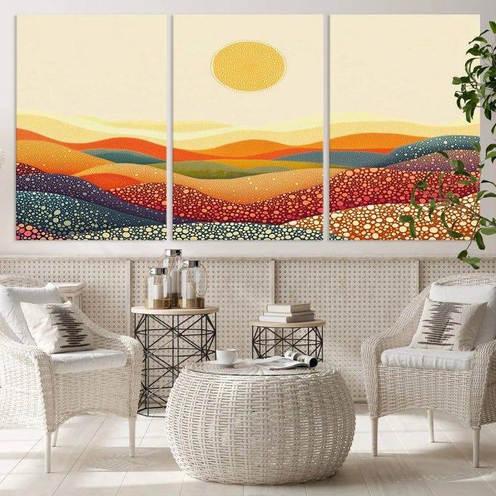 A captivating piece, the YAYOI KUSAMA Colorful Dot Art Landscape Canvas, showcases framed abstract pointillism with vibrant rolling hills and a sun. This handmade wall art is crafted on premium canvas for a gallery-quality finish.