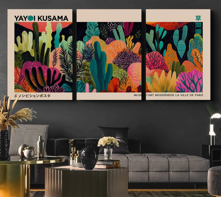 The vibrant canvas print of wall art features abstract plants, with the elegant text "Yayoi Kusama Wall Art Canvas Print" displayed on the colorful frame.