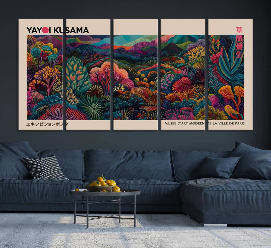 The Yayoi Kusama Wall Art Canvas Print features a vibrant and colorful landscape with abstract vegetation, perfectly capturing the essence of Japanese Wabi Sabi aesthetics.