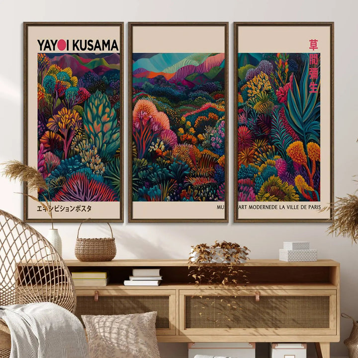 The Yayoi Kusama Wall Art Canvas Print features a vibrant and colorful landscape with abstract vegetation, perfectly capturing the essence of Japanese Wabi Sabi aesthetics.