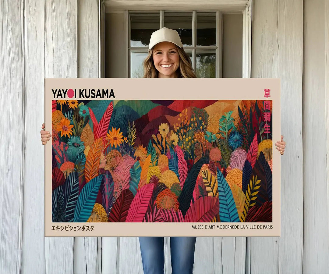 A vibrant Yayoi Kusama Wall Art Canvas Print featuring the text Yayoi Kusama.