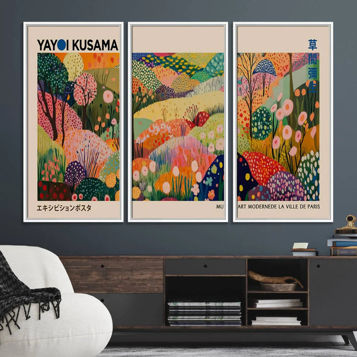 A framed Yayoi Kusama Wall Art Canvas Print features a vibrant abstract landscape adorned with flowers.