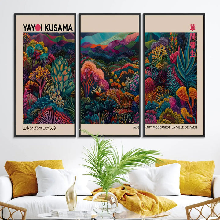 The Yayoi Kusama Wall Art Canvas Print features a vibrant and colorful landscape with abstract vegetation, perfectly capturing the essence of Japanese Wabi Sabi aesthetics.