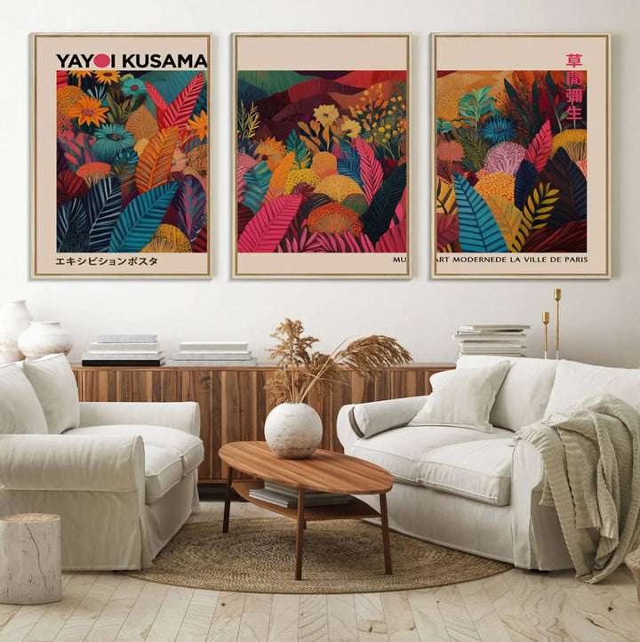 A vibrant Yayoi Kusama Wall Art Canvas Print featuring the text Yayoi Kusama.