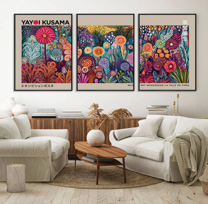 A framed "Yayoi Kusama Wall Art Canvas Print" showcases an abstract floral design, reflecting Japanese aesthetics.