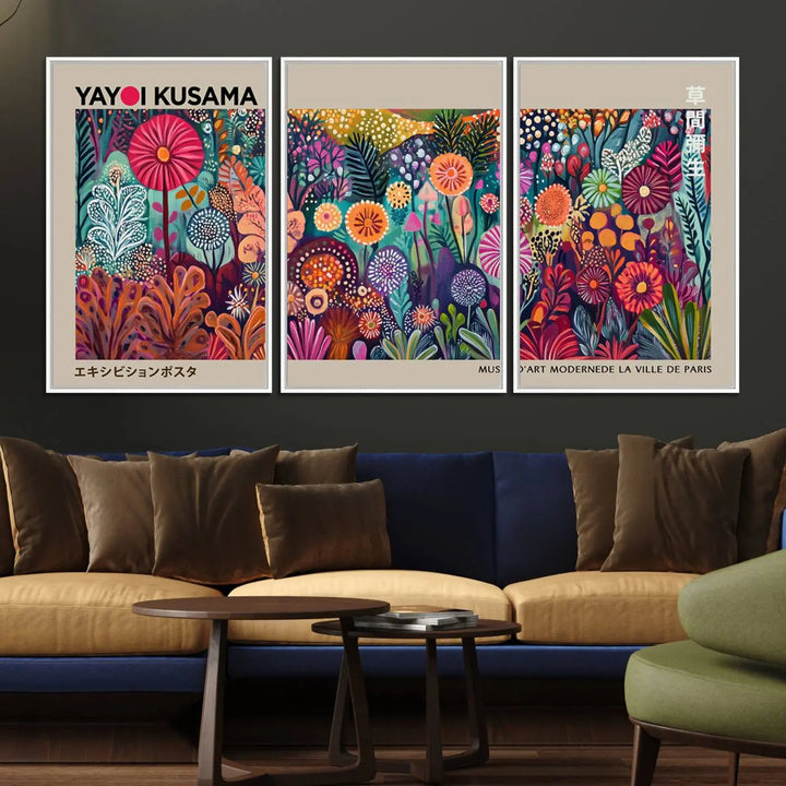 A framed "Yayoi Kusama Wall Art Canvas Print" showcases an abstract floral design, reflecting Japanese aesthetics.