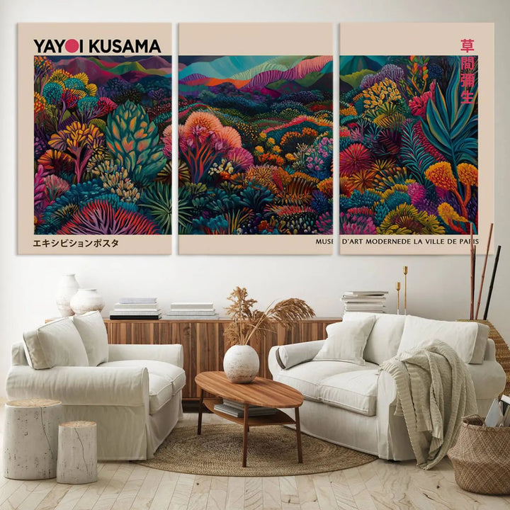 The Yayoi Kusama Wall Art Canvas Print features a vibrant and colorful landscape with abstract vegetation, perfectly capturing the essence of Japanese Wabi Sabi aesthetics.