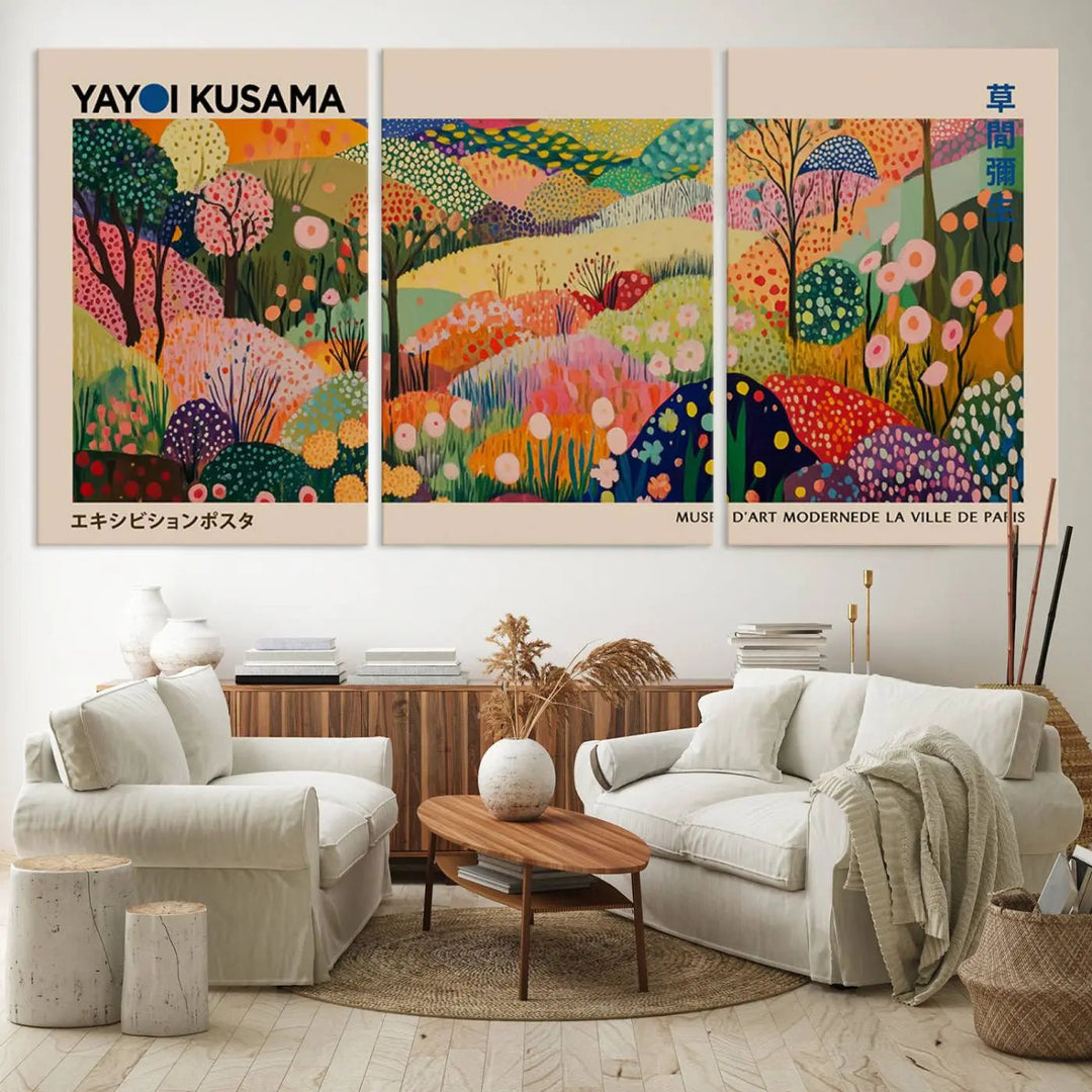 A framed Yayoi Kusama Wall Art Canvas Print features a vibrant abstract landscape adorned with flowers.