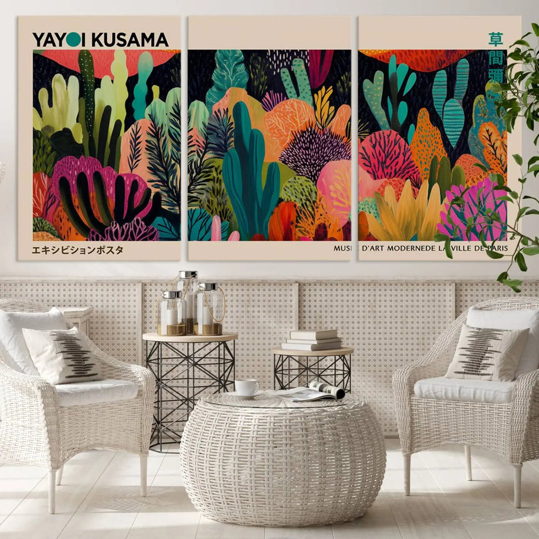 The vibrant canvas print of wall art features abstract plants, with the elegant text "Yayoi Kusama Wall Art Canvas Print" displayed on the colorful frame.