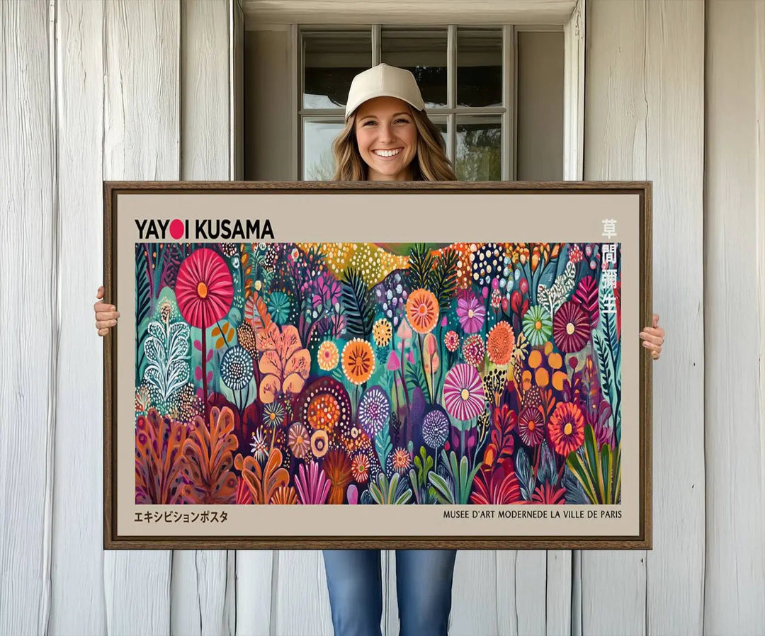 A framed "Yayoi Kusama Wall Art Canvas Print" showcases an abstract floral design, reflecting Japanese aesthetics.