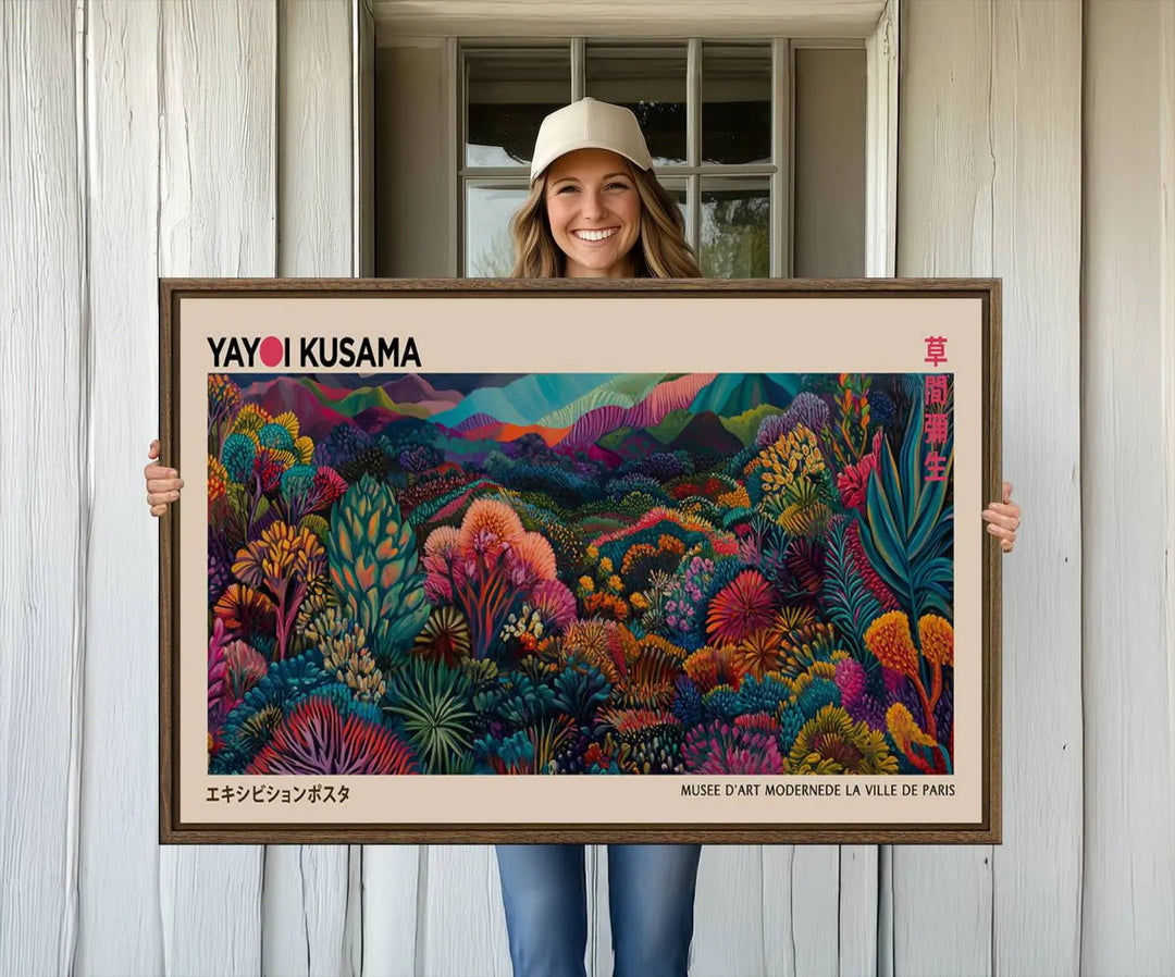 The Yayoi Kusama Wall Art Canvas Print features a vibrant and colorful landscape with abstract vegetation, perfectly capturing the essence of Japanese Wabi Sabi aesthetics.