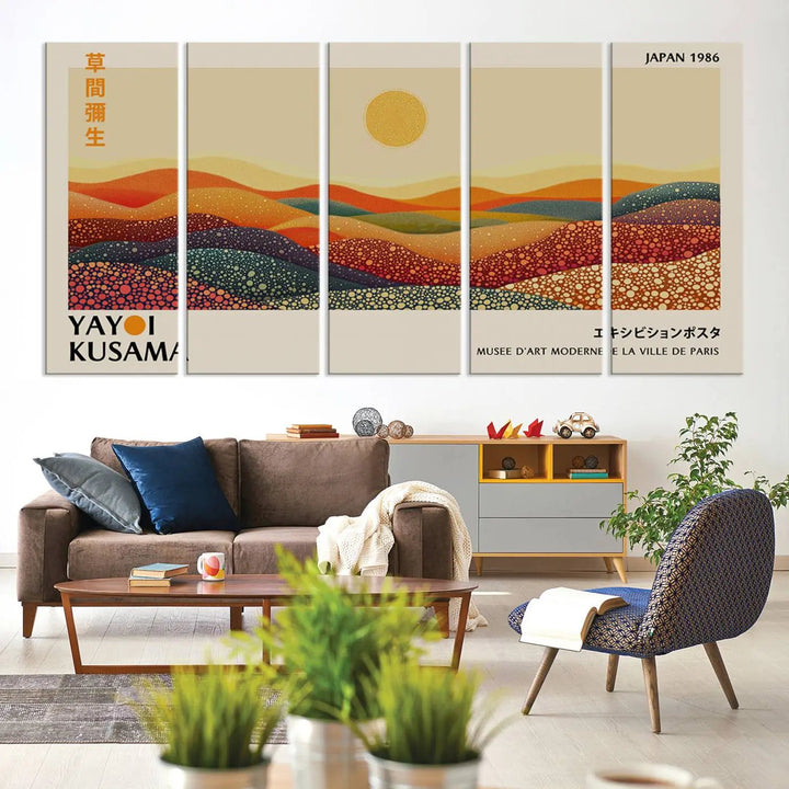 The Yayoi Kusama Wall Art Print is a vibrant abstract landscape canvas featuring colorful dotted hills and a sun, showcasing Japanese art and signed by Yayoi Kusama. It is dated Japan 1986.