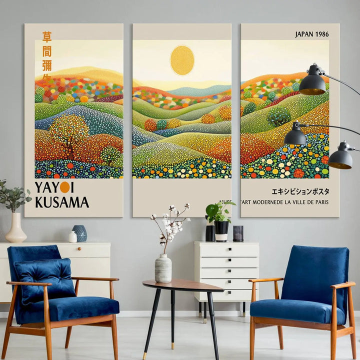 The Yayoi Kusama Wall Art Print – Wabi Sabi Japanese wall art features a vibrant abstract landscape design with dotted patterns and a bright yellow sun.