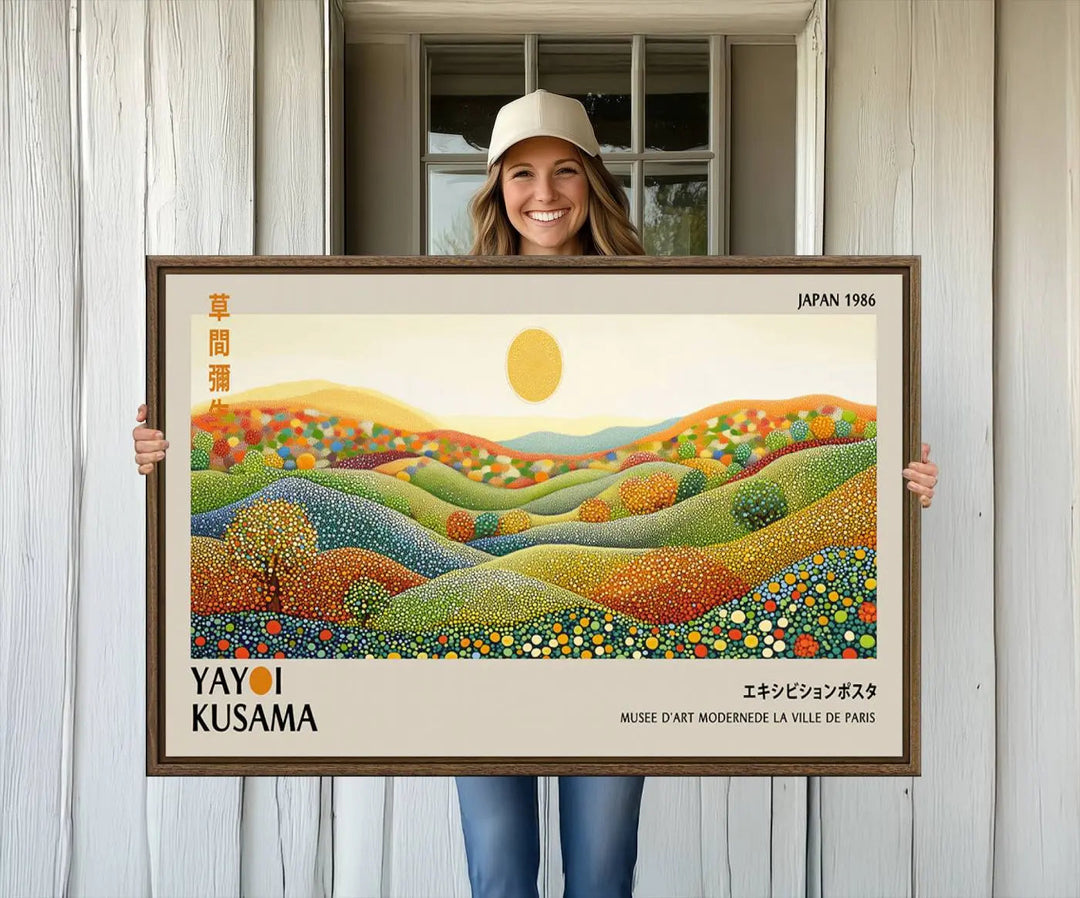 The Yayoi Kusama Wall Art Print – Wabi Sabi Japanese wall art features a vibrant abstract landscape design with dotted patterns and a bright yellow sun.