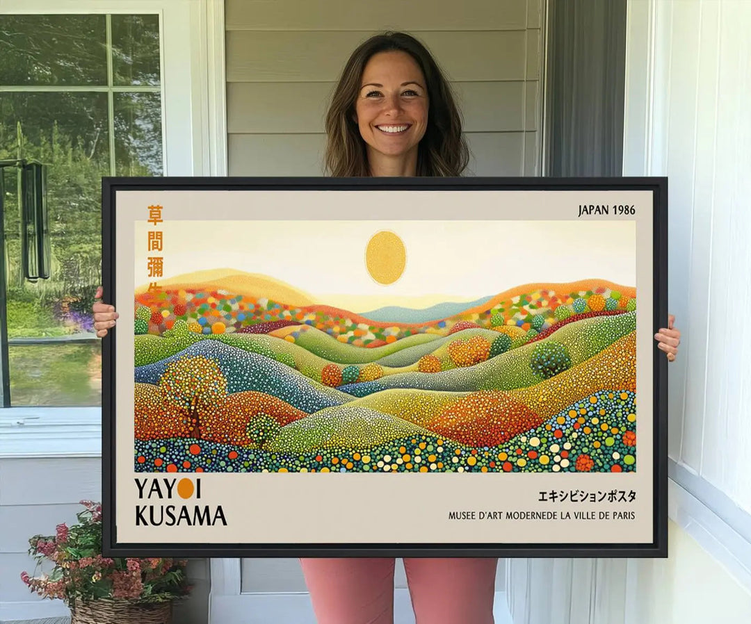 The Yayoi Kusama Wall Art Print – Wabi Sabi Japanese wall art features a vibrant abstract landscape design with dotted patterns and a bright yellow sun.