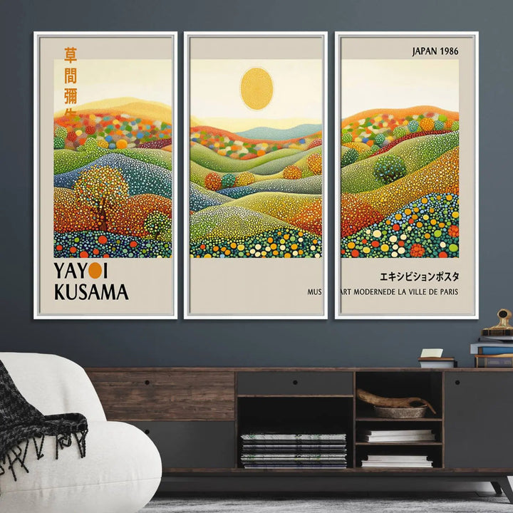 The Yayoi Kusama Wall Art Print – Wabi Sabi Japanese wall art features a vibrant abstract landscape design with dotted patterns and a bright yellow sun.