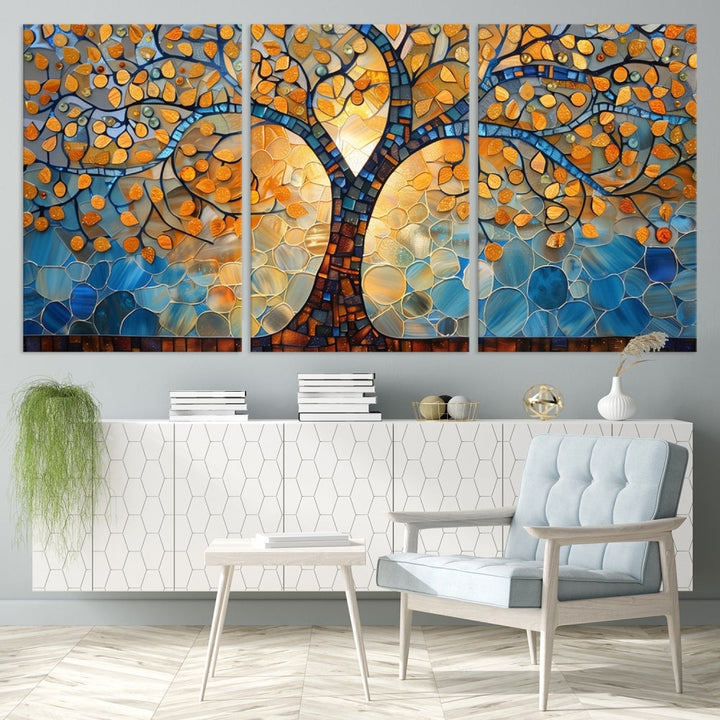 The modern living room features the vibrant Yggdrasil Tree of Life Mosaic Stained Glass Wall Art Canvas Print, displayed on gallery-wrapped, museum-quality canvas.