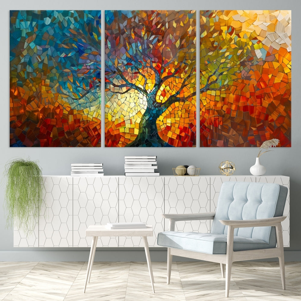 The Yggdrasil Tree of Life Mosaic Stained Glass Wall Art Canvas Print brings a burst of color to any room. Crafted on museum-quality canvas, this artwork enhances the space effortlessly and includes free shipping for your convenience.