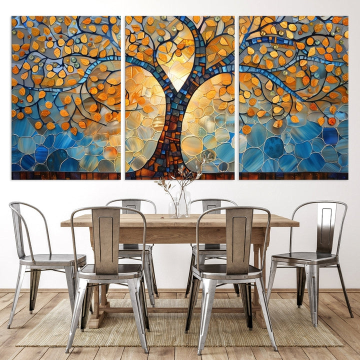 The modern living room features the vibrant Yggdrasil Tree of Life Mosaic Stained Glass Wall Art Canvas Print, displayed on gallery-wrapped, museum-quality canvas.