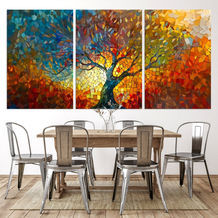 The Yggdrasil Tree of Life Mosaic Stained Glass Wall Art Canvas Print brings a burst of color to any room. Crafted on museum-quality canvas, this artwork enhances the space effortlessly and includes free shipping for your convenience.