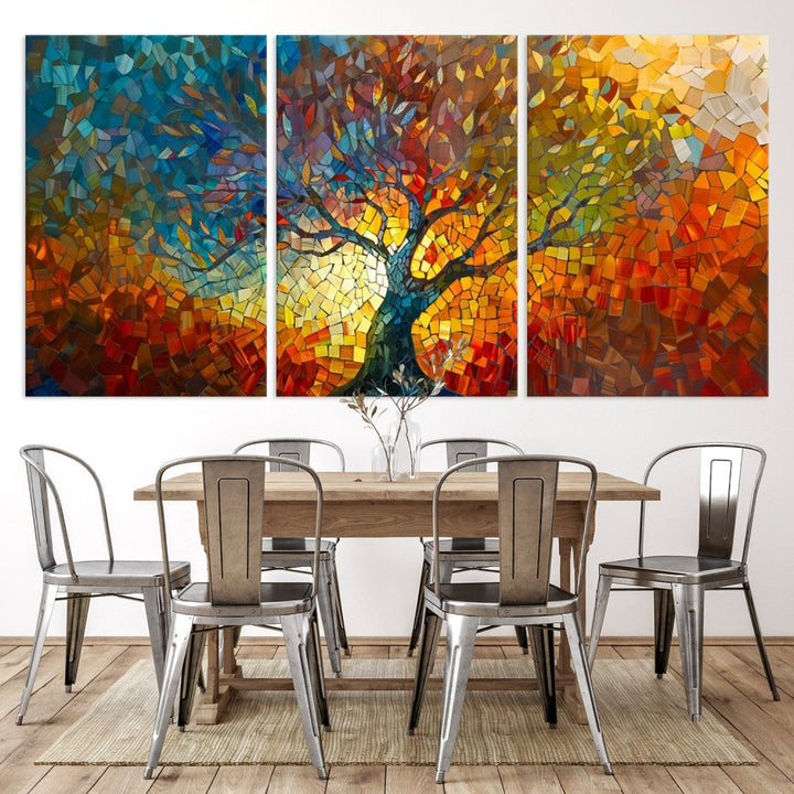 The Yggdrasil Tree of Life Mosaic Stained Glass Wall Art Canvas Print, crafted on museum-quality canvas with a UV-protective coating, beautifully adorns the space. Ready to hang, it injects vibrant elegance into its surroundings.