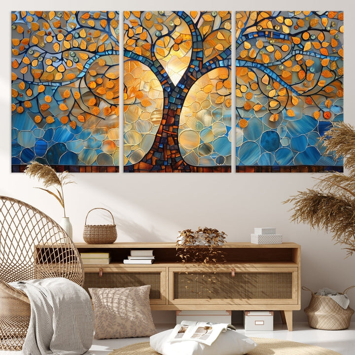 The modern living room features the vibrant Yggdrasil Tree of Life Mosaic Stained Glass Wall Art Canvas Print, displayed on gallery-wrapped, museum-quality canvas.