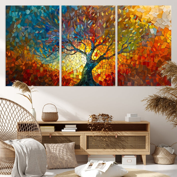 The Yggdrasil Tree of Life Mosaic Stained Glass Wall Art Canvas Print brings a burst of color to any room. Crafted on museum-quality canvas, this artwork enhances the space effortlessly and includes free shipping for your convenience.