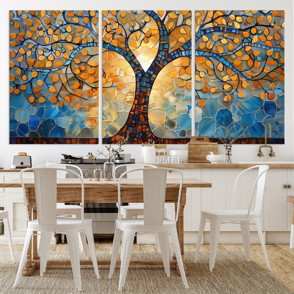 The modern living room features the vibrant Yggdrasil Tree of Life Mosaic Stained Glass Wall Art Canvas Print, displayed on gallery-wrapped, museum-quality canvas.