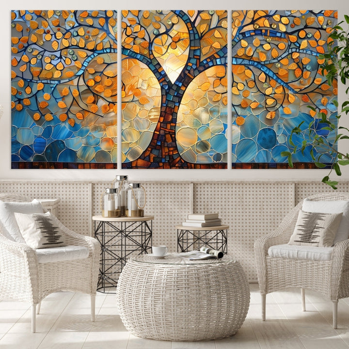 The modern living room features the vibrant Yggdrasil Tree of Life Mosaic Stained Glass Wall Art Canvas Print, displayed on gallery-wrapped, museum-quality canvas.