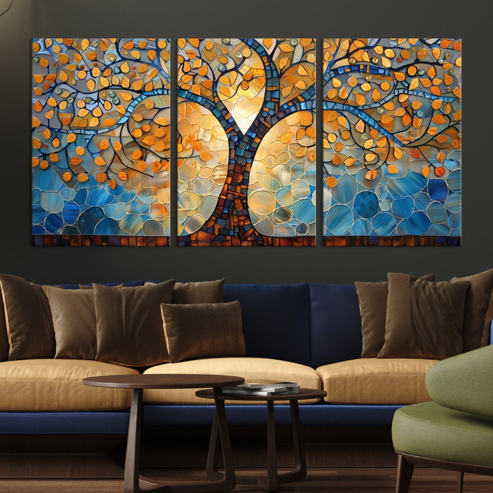 The modern living room features the vibrant Yggdrasil Tree of Life Mosaic Stained Glass Wall Art Canvas Print, displayed on gallery-wrapped, museum-quality canvas.