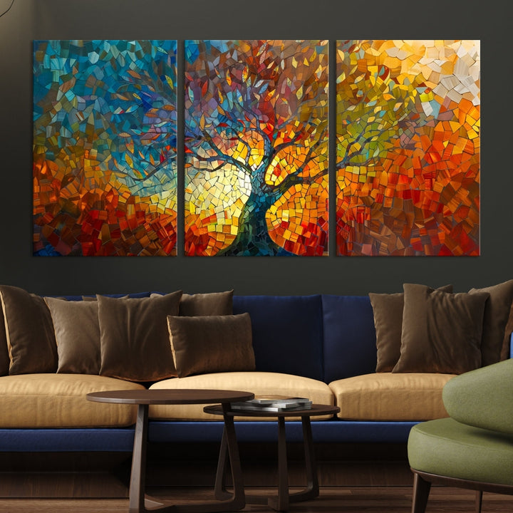 The Yggdrasil Tree of Life Mosaic Stained Glass Wall Art Canvas Print, crafted on museum-quality canvas with a UV-protective coating, beautifully adorns the space. Ready to hang, it injects vibrant elegance into its surroundings.