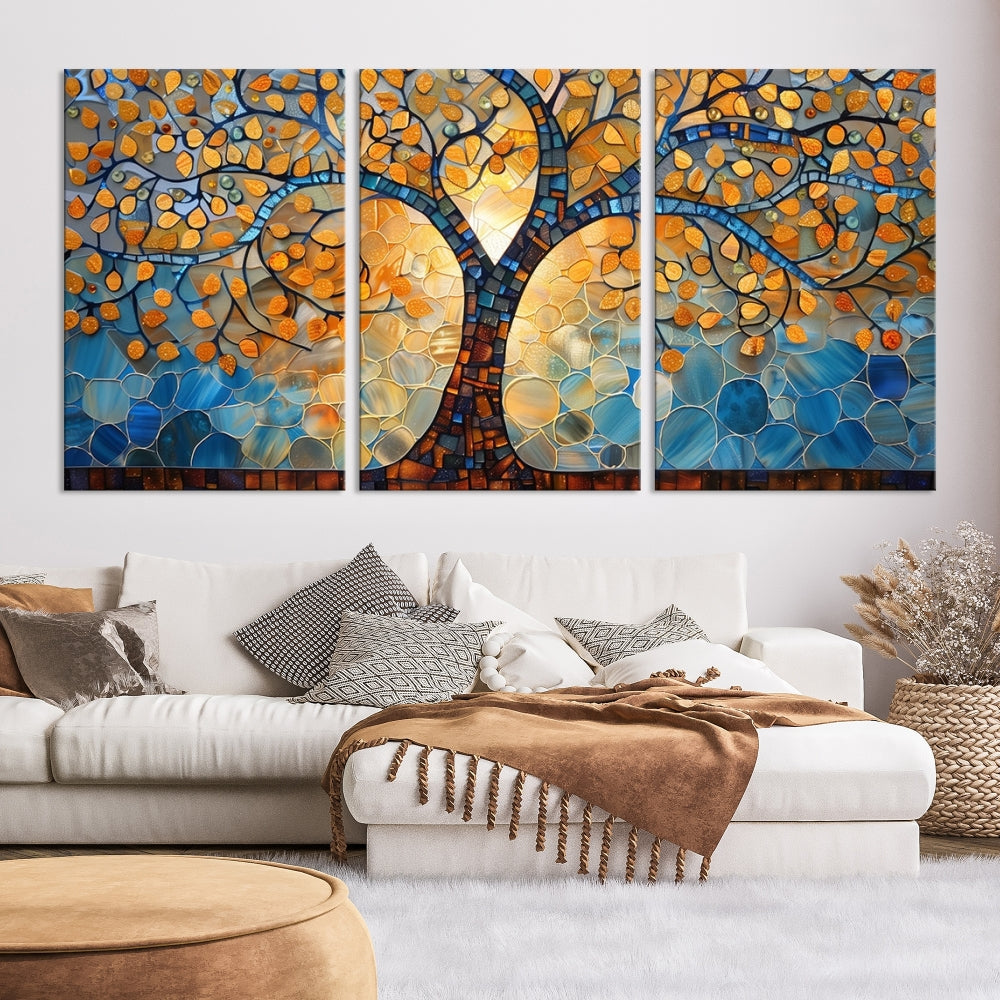 The modern living room features the vibrant Yggdrasil Tree of Life Mosaic Stained Glass Wall Art Canvas Print, displayed on gallery-wrapped, museum-quality canvas.