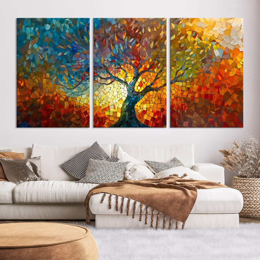 The Yggdrasil Tree of Life Mosaic Stained Glass Wall Art Canvas Print brings a burst of color to any room. Crafted on museum-quality canvas, this artwork enhances the space effortlessly and includes free shipping for your convenience.