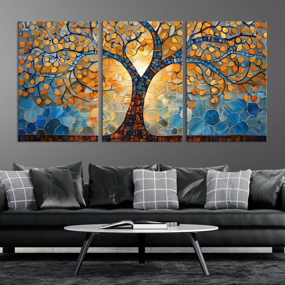 The modern living room features the vibrant Yggdrasil Tree of Life Mosaic Stained Glass Wall Art Canvas Print, displayed on gallery-wrapped, museum-quality canvas.