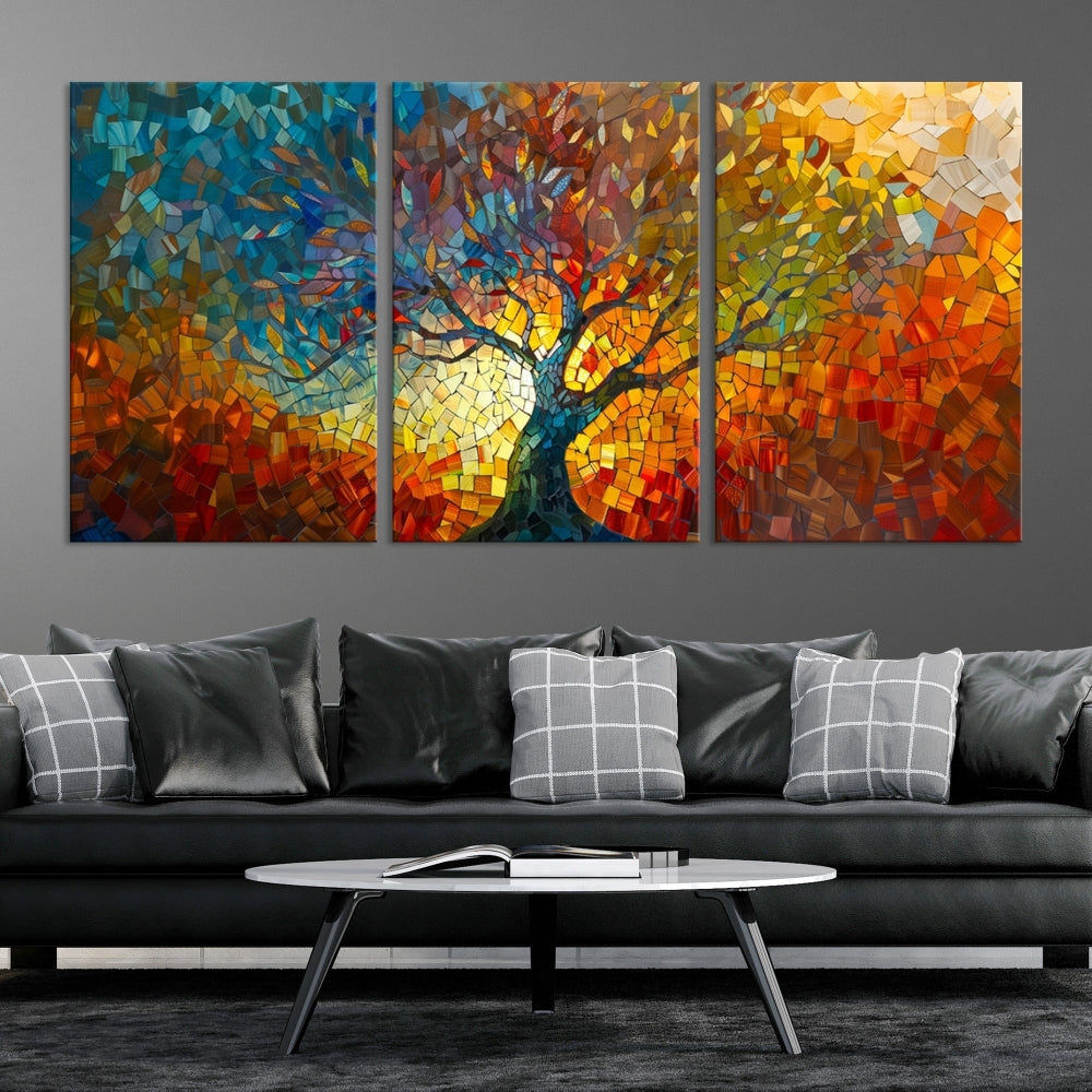 The Yggdrasil Tree of Life Mosaic Stained Glass Wall Art Canvas Print brings a burst of color to any room. Crafted on museum-quality canvas, this artwork enhances the space effortlessly and includes free shipping for your convenience.